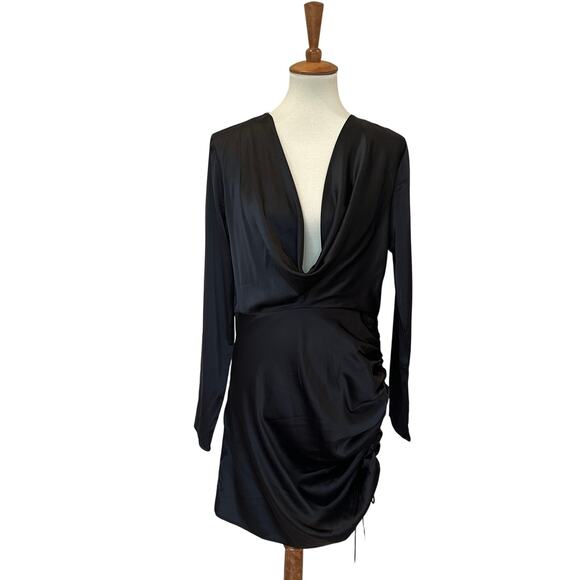 Revolve Black Ruched Mini Dress LARGE Cocktail Cowl Satin More to Come $88 NEW - Picture 4 of 8